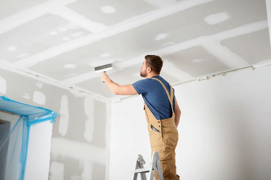 Worker repairing ceiling