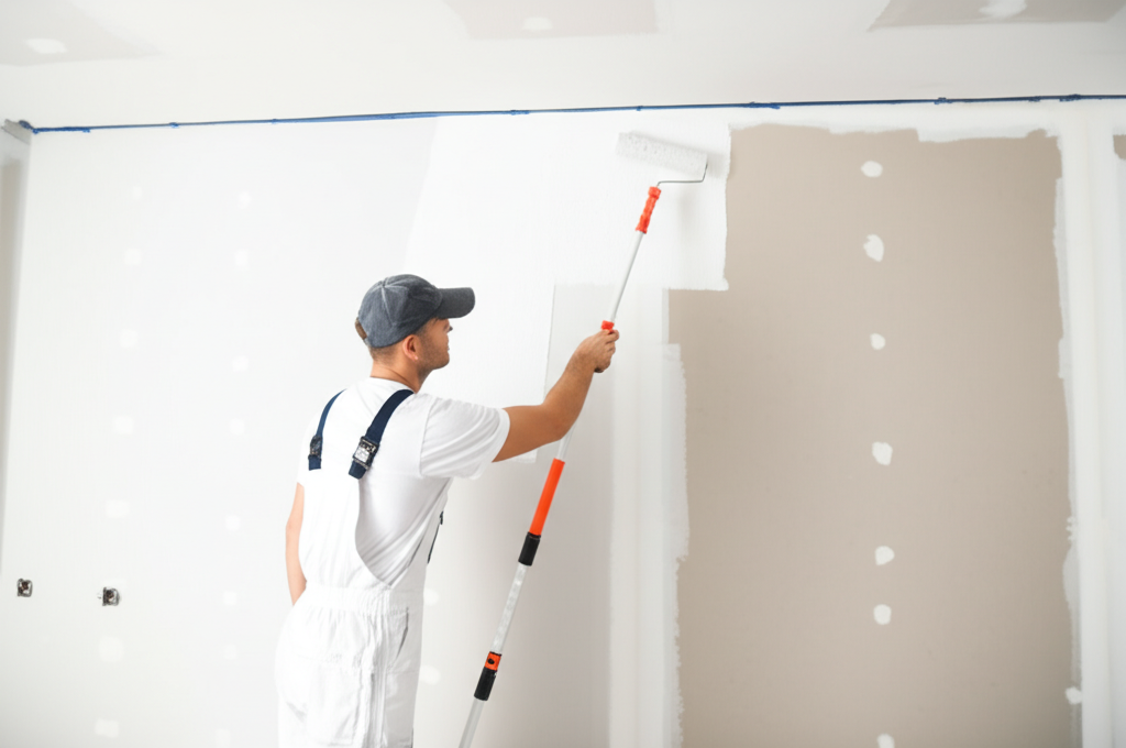 Worker painting finished drywall