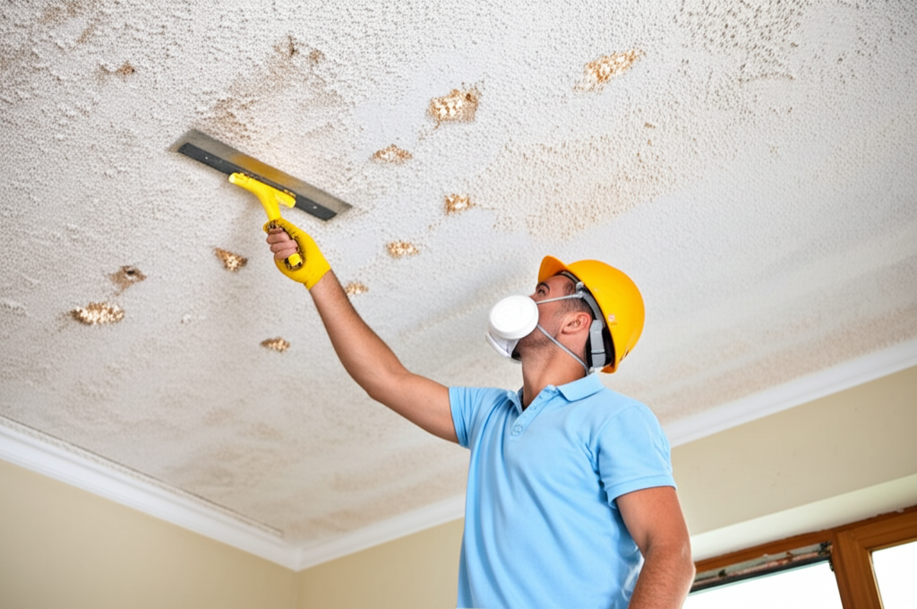 Worker removing popcorn ceiling