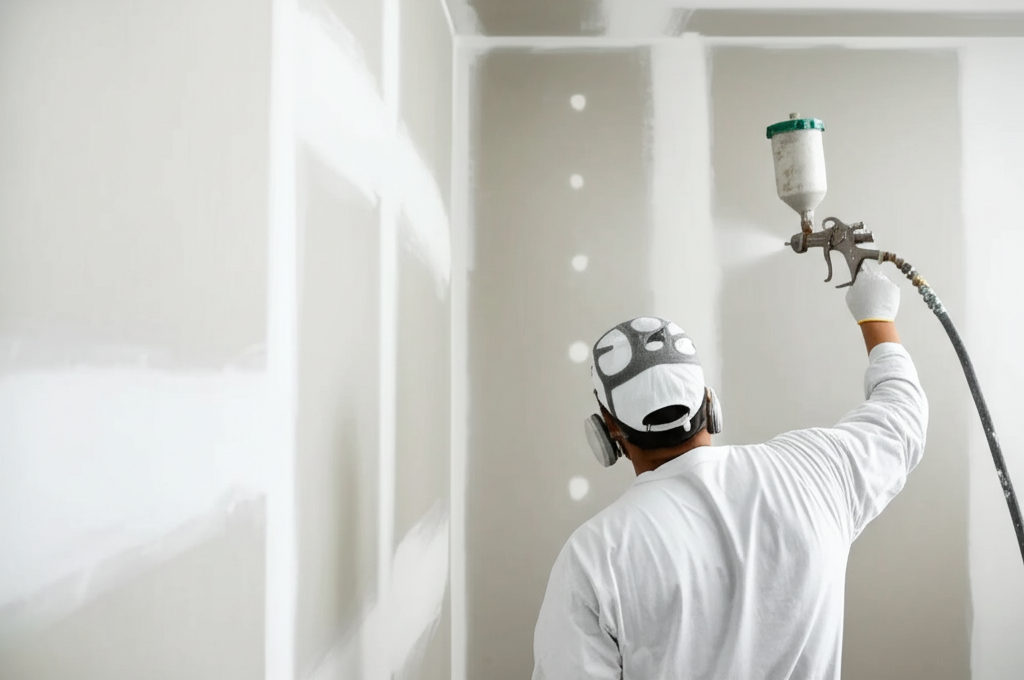 Worker applying texture to wall
